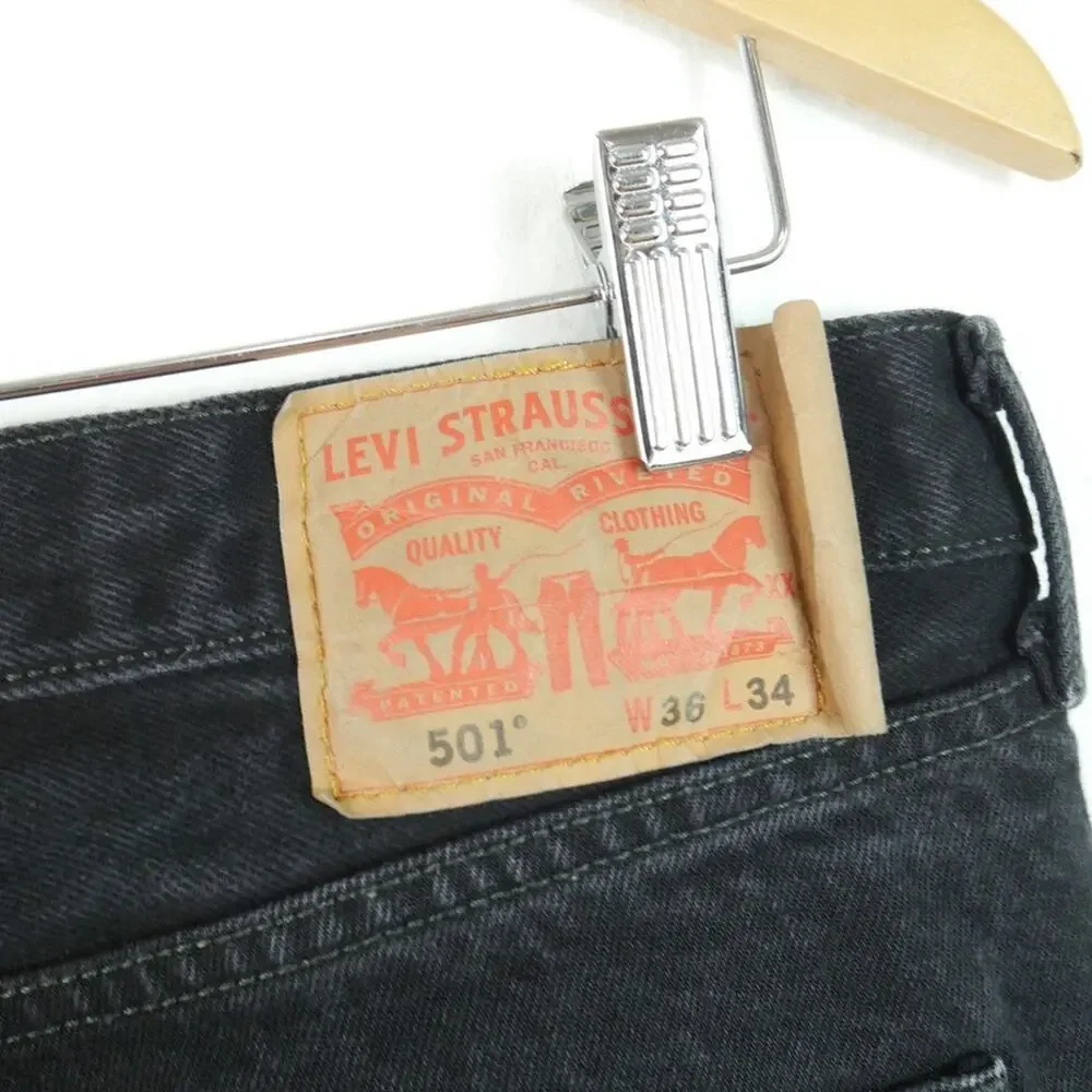 Levis 501 Jeans Mens 36 x 34‎ Black Rigid Denim Button Fly Straight Leg Classic